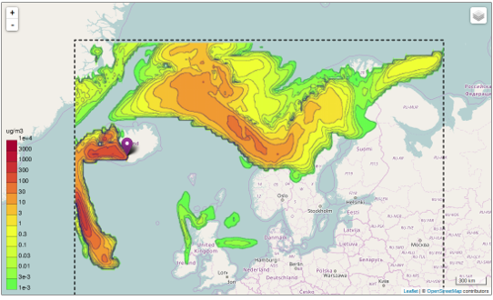 Skärmdump från SMHIs system BAPS - simulering vulkanutbrott Island