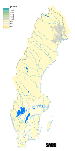 Karta över beräknad markvattenhalt i procent av den normala, 15 oktober 2016.