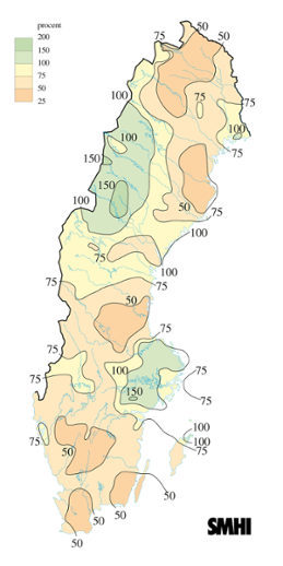 Karta över nederbörd i procent av det normala under april 2010