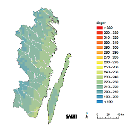Karta över Kalmar län som visar växtsäsongenslängd 1961-90