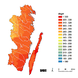 Karta som visar framtida utveckling av växtsäsongens längd i Kalmar län 2069-98