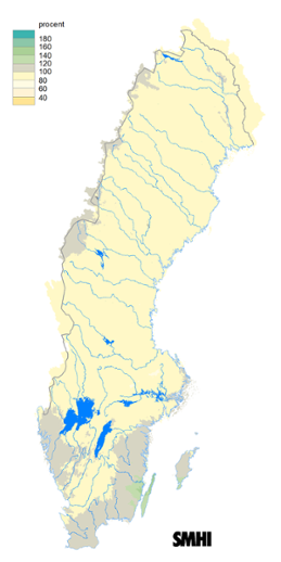 Karta över beräknad markvattenhalt i procent av den normala, 15 november 2016.
