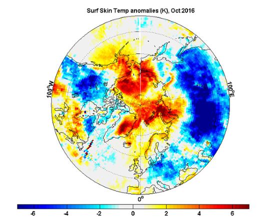 temperaturavvikelser vid havsytan i Arktis