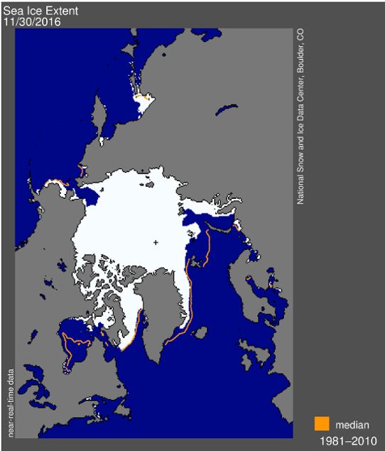 Isutbredning i Arktis den 30 november 2016