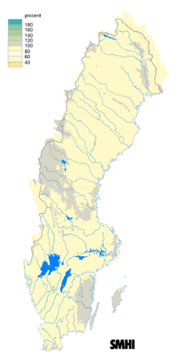Karta över beräknad markvattenhalt i procent av den normala, 15 december 2016.