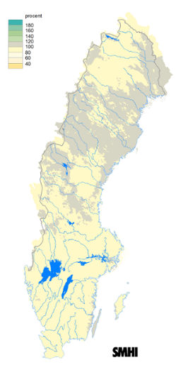 Karta över beräknad markvattenhalt i procent av den normala, 15 januari 2017.