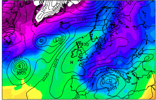 Figur 1. I bilden visas en analys av tryck och luftmassa från den 19 januari i år. Ett högtryck syns över Centraleuropa omgivet av lågtryck. Kall luft över Sydeuropa och mild luft över Skandinavien. 