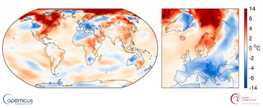 Temperaturanomalier globalt (vä.) samt för Europa (hö.) i januari 2017