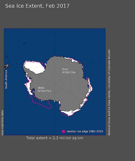 Medelvärdet av isutbredningen kring Antarktis februari 2017. 