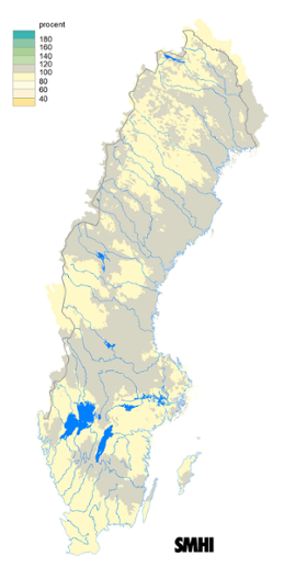Karta över beräknad markvattenhalt i procent av den normala, 15 mars 2017.