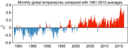 Månadsvis global temperaturavvikelse jämfört med medelvärdet för 1981-2010