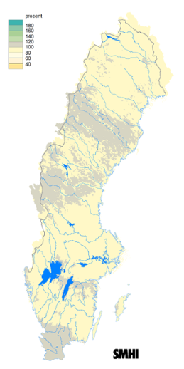 Karta över beräknad markvattenhalt i procent av den normala, 15 april 2017.