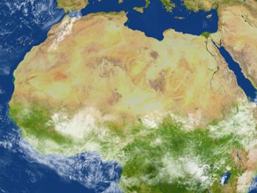 Karta över Nordafrika där Sahel är halvökenområdet söder om Sahara.