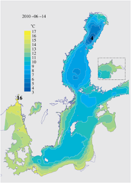 Karta över ytvattentemperatur i havet 14 juni 2009 