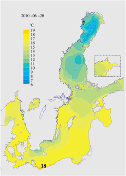 Karta över ytvattentemperatur i havet 28 juni 2009 