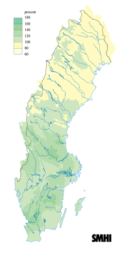 Karta över beräknade markvattenhalt i procent av den normala, 15 juni 2010 