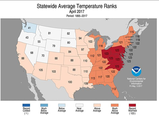 Temperaturranking för olika delstater i USA i april 2017.