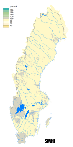Karta över beräknad markvattenhalt i procent av den normala, 15 maj 2017.