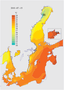 Karta över ytvattentemperatur i havet 15 juli 2010