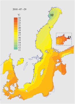 Karta över ytvattentemperatur i havet 29 juli 2010 