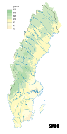 Karta över beräknade markvattenhalt i procent av den normala, 15 juli 2010 
