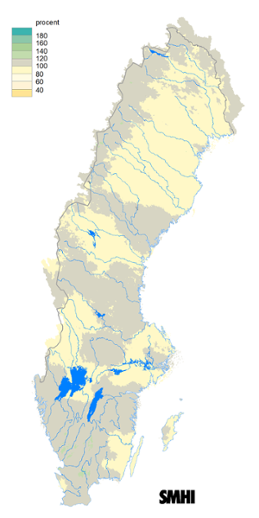 Karta över beräknad markvattenhalt i procent av den normala, 15 juni 2017.