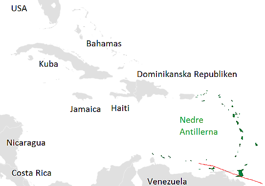 Schematisk skiss över Brets bana kring Nedre Antillerna