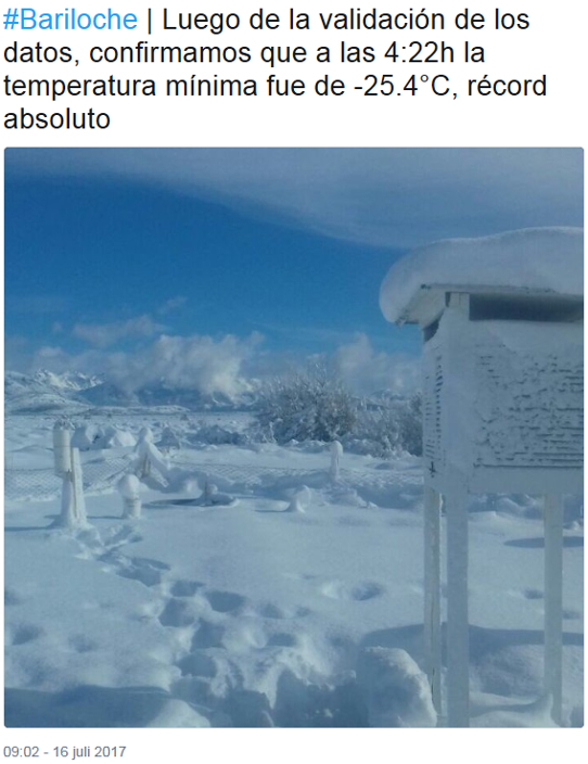 Tweet från den argentinska vödertjänsten om köldrekordet för Bariloche.