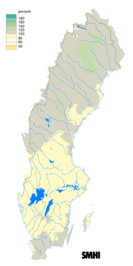 Karta över beräknad markvattenhalt i procent av den normala, 15 juli 2017.