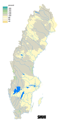 Karta över beräknad markvattenhalt i procent av den normala, 15 augusti 2017.