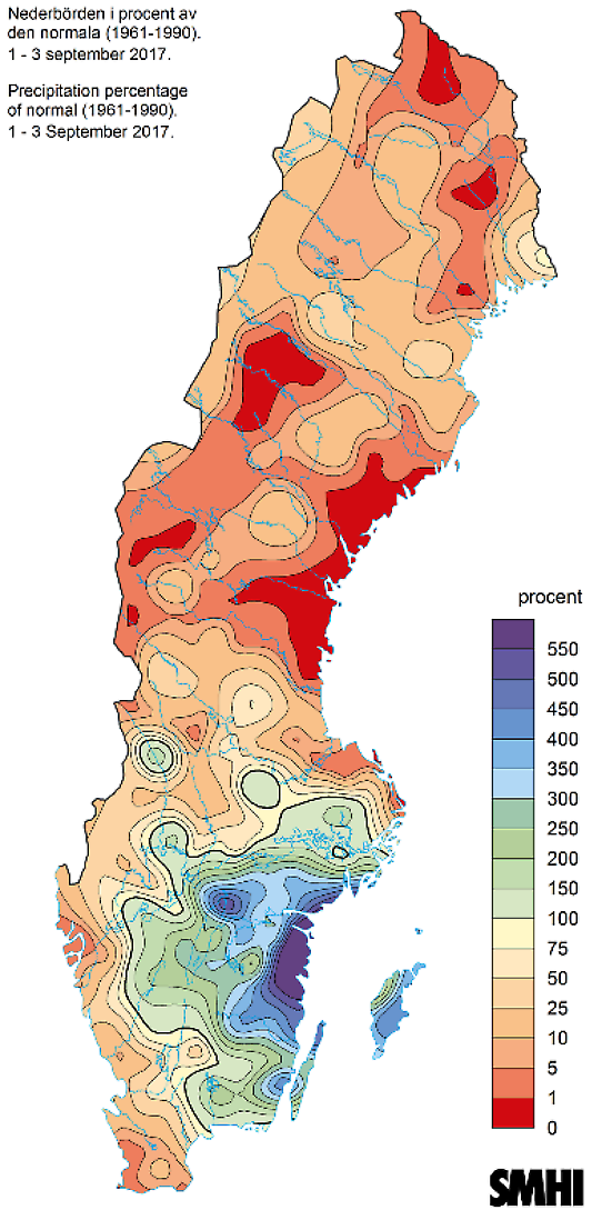 Avvikelse från normal nederbörd 1-3 september 2017