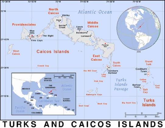 Kartan visar Turks och Caicos Islands läge i Västindien