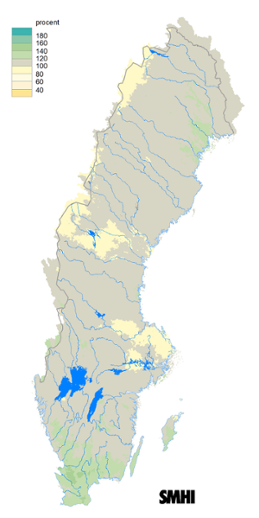 Karta över beräknad markvattenhalt i procent av den normala, 15 september 2017.