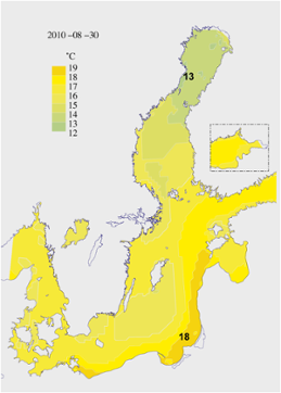 Karta över ytvattentemperatur i havet 30 augusti 2010 