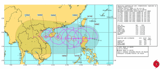 Prognoserad bana för den tropiska cyklonen TD-24