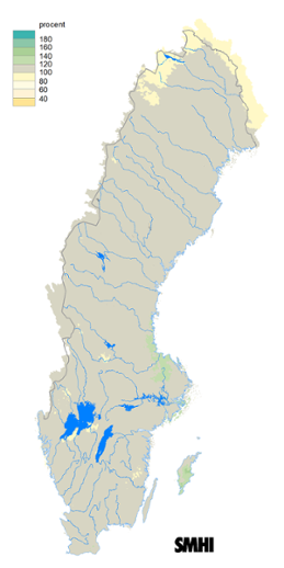 Karta över beräknad markvattenhalt i procent av den normala, 15 oktober 2017.