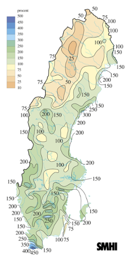 Karta över nederbörd i procent av det normala under augusti 2010 
