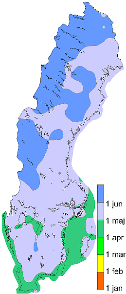 Vårens sista frost i genomsnitt 1961-1990 baserat på observationer.