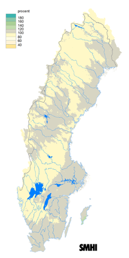 Karta över beräknad markvattenhalt i procent av den normala, 15 november 2017.