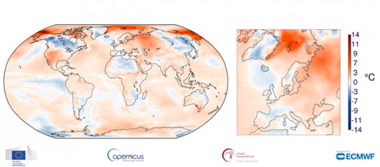Global temperaturavvikelse (vänster bild) i november 2017 samt för Europa (höger bild)