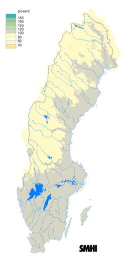 Karta över beräknad markvattenhalt i procent av den normala, 15 december 2017.