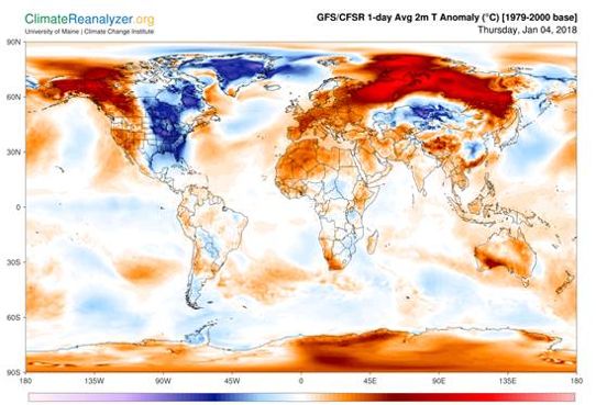 Global temperaturkarta från 4 januari