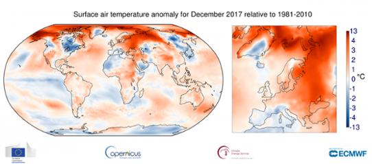 Global temperaturavvikelse (vänster bild) i december 2017 samt för Europa (höger bild).