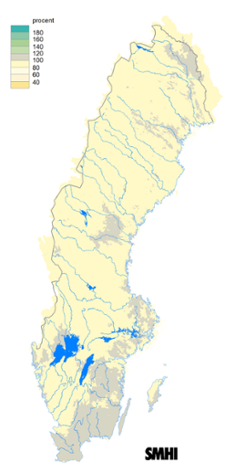 Karta över beräknad markvattenhalt i procent av den normala, 15 januari 2018.