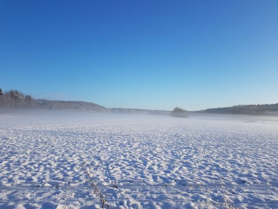 Lokal strålningsdimma över fältet i det kalla och klara vädret. Bilden är tagen i Norrköping 21 januari 2018.