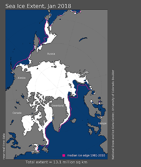 Havsisens utbredning i Arktis januari 2018.