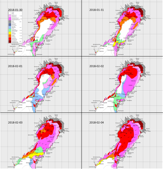 Kartor som visar hur isen växer i Bottenviken i månadskiftet januari-februari 2018
