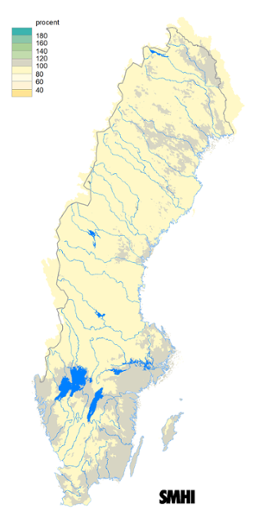 Karta över beräknad markvattenhalt i procent av den normala, 15 februari 2018.