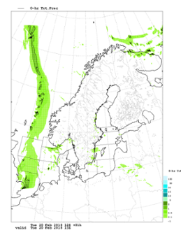 Bilden visar nederbörd från modellen AROME