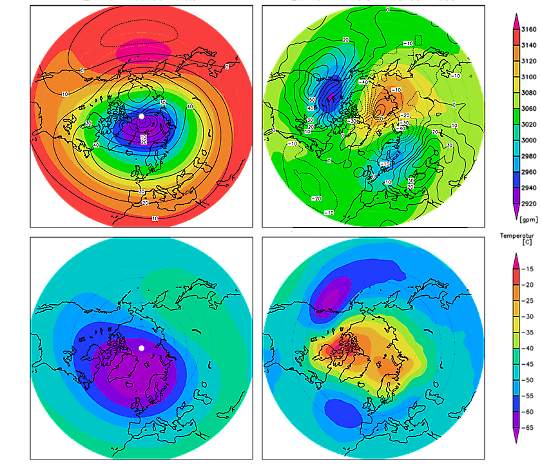 Klimatologi (till vänster) och anomalier för 1-4 januari 1985 (till höger). 